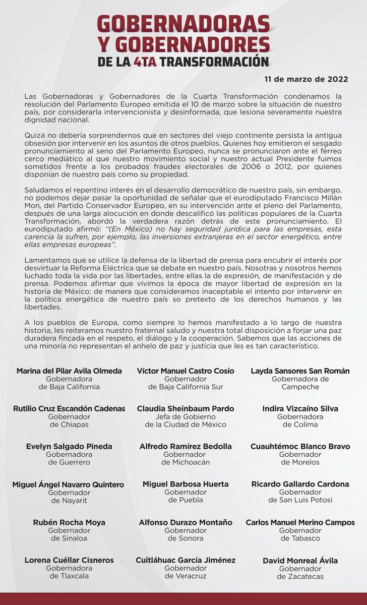 Carta de respaldo a #AMLO por parte de los gobernadores de Morena por el tema del #ParlamentoEuropeo