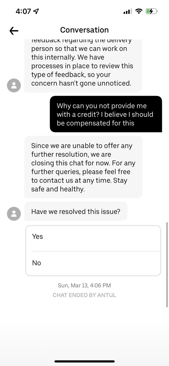 jessvandenhazel's tweet photo. horrible customer service from @UberEats today. Order cancelled for no reason after driver already picked it up &amp; was 5 minutes from dropping it off. Chat was no help, told me they would love to give me a credit but “cant” and when I asked why they ended the chat. Disappointing. https://t.co/E9oJAUsV9Z