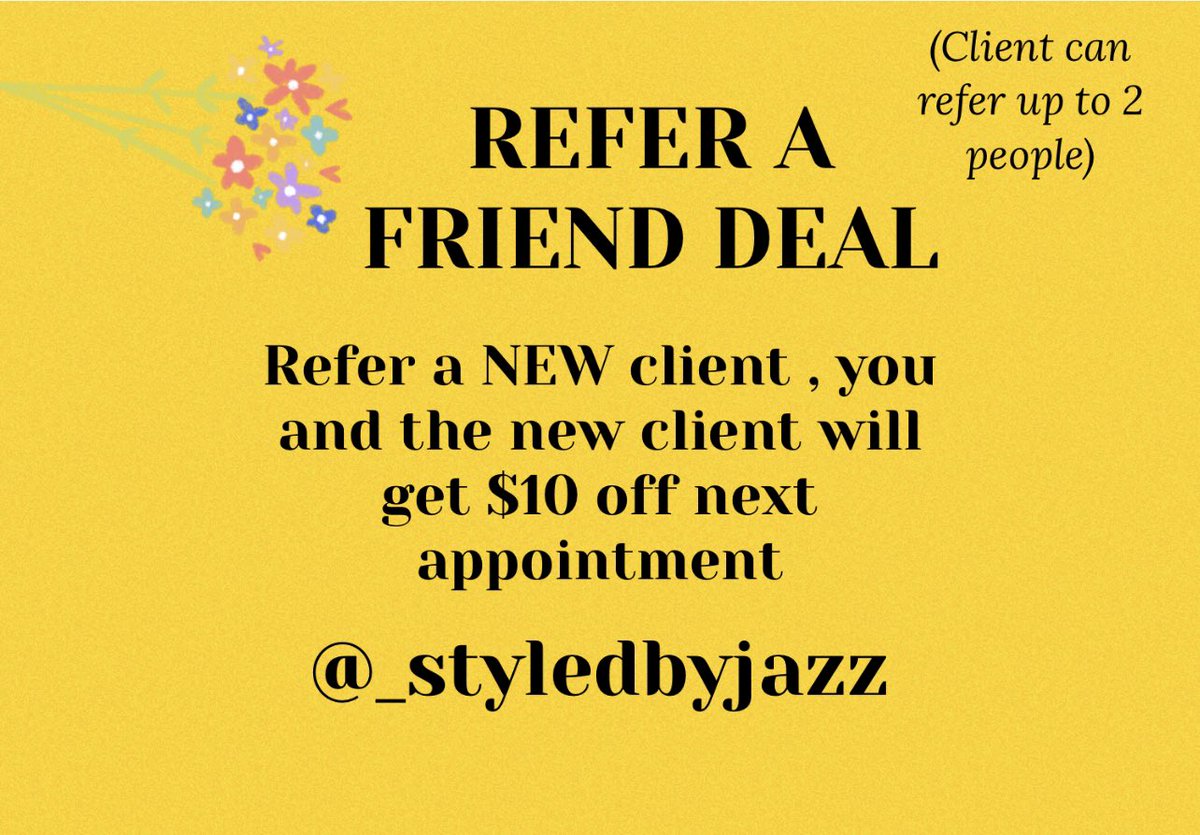 _jazznotjas's tweet photo. 💐Hey Ladies and Gents! If you were a client of mine,I now have a referral deal to kick off the spring season. Invite a new person to book and you AND that new client will get $10 off your next appointment💓 https://t.co/PM8DtPhJfb