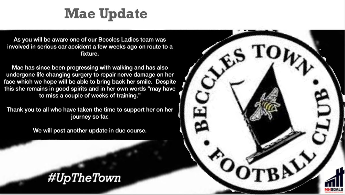 Mae Update ||

Thanks to everyone for their messages, contributions and displays of support to our <a href="/Becclesladiesfc/">Beccles Town Ladies 11s & 7s</a> player. We have been truly overwhelmed 🙏

#FootballFamily #PrayForMae 💜