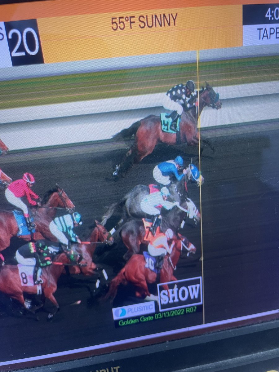 That seventh race at <a href="/GGFracing/">Golden Gate Fields</a> was WILD. 

Torpedo Away (#9) with the rail skimming ride by Frank Alvarado to win. Lord Brancusi (#1) a trip play for next time. He just ran a huge race behind with most of the way.