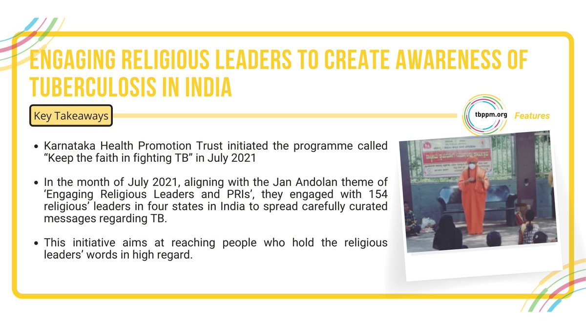 tb_ppm's tweet photo. Happy to kickstart this year's #TBPPMFeatures with this interesting project from @KHPT_BLR. Aligning with the Jan Andolan campaign, they engaged religious leaders in India to create awareness of #TB
Read more 👉https://t.co/ScA9qPlYd9 https://t.co/CULI4EIqjH