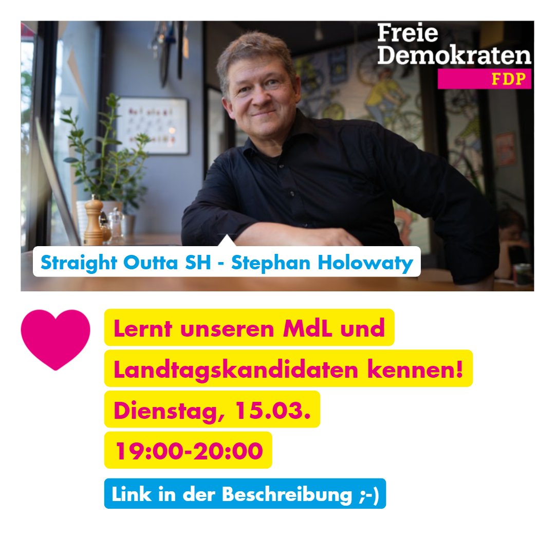 fdp_hu's tweet photo. Unser MdL und Landtagskandidat @StephanHolowaty aus #HenstedtUlzburg stellt sich vor: Online am Dienstag von 19:00-20:00. 👍
Anmeldung unter
https://t.co/xPa1tNMJRG
oder einfach zugucken im YT-Livestream
https://t.co/9sjbhXydWP
#fdphu @FNFreiheit @FDP_SH @JuLis_SH https://t.co/81dvBLVLry