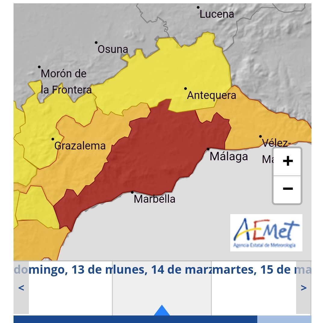 AEMET_Esp's tweet photo. ⚠️ Aviso rojo (riesgo extremo, el máximo nivel que se contempla) en la comarca malagueña de Sol y Guadalhorce. Lluvias muy intensas desde medianoche hasta el mediodía del lunes. Pueden acumularse más de 120 l/m² en 12 horas. Protégete y mantente informado
https://t.co/5rmYvUEEpW https://t.co/sfD2KQh0D4