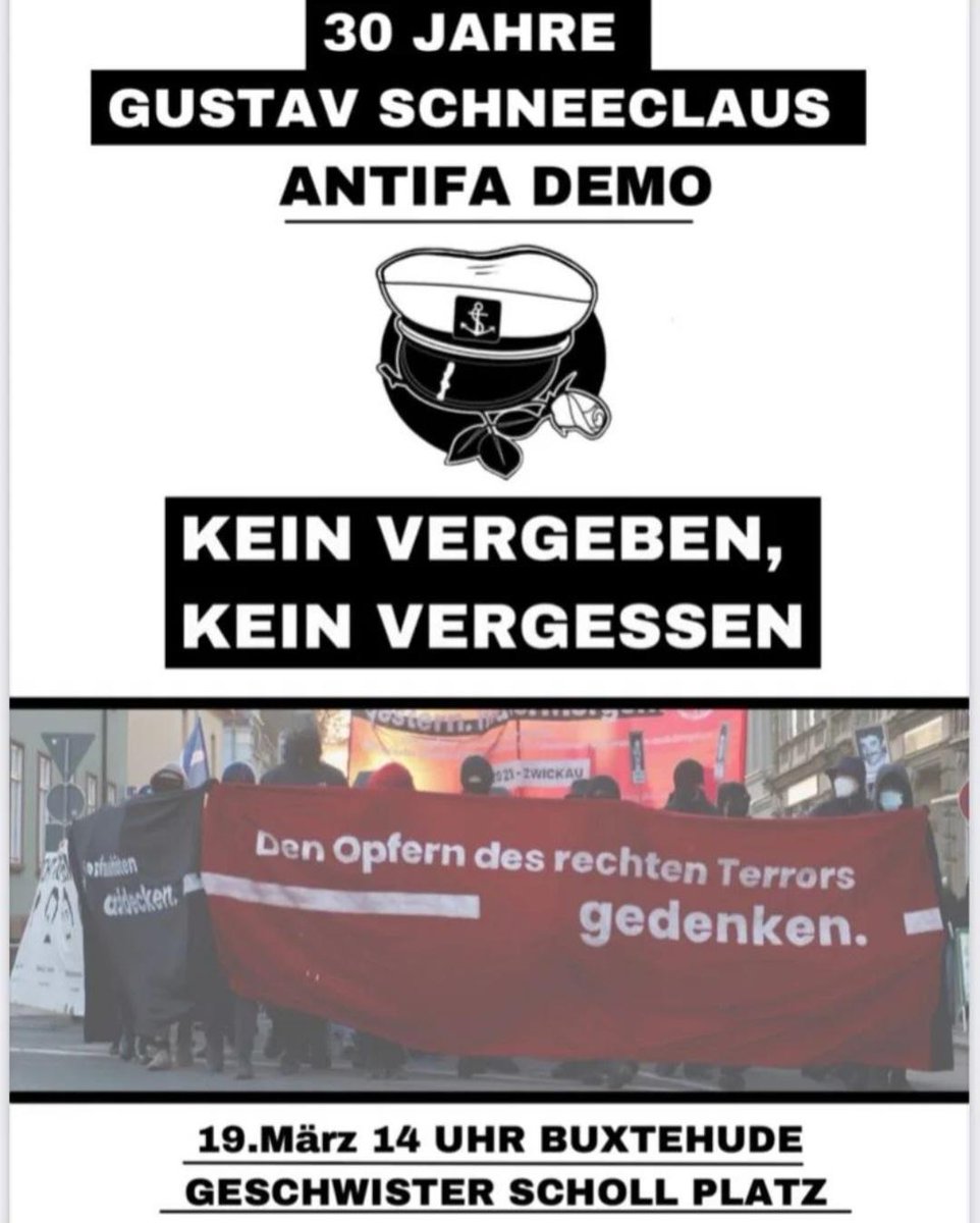 AnarchyInHH's tweet photo. Vor 30 Jahren erschlugen Naziskins Gustav #Schneeclaus, weil er Hitler als den größten Verbrecher der Geschichte bezeichnete.
Wir vergessen nicht! Wir vergeben nicht! Kommt alle zur Gedenkdemo am 19.3. um 14 Uhr in #Buxtehunde. Los geht's am Geschwister Scholl Platz.
#nonazishh https://t.co/3wJPkASvVh