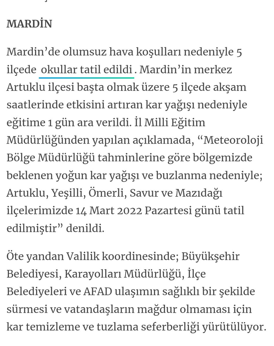 MARDİN

Mardin’de olumsuz hava koşulları nedeniyle 5 ilçede okullar tatil edildi. Mardin’in merkez Artuklu ilçesi başta olmak üzere 5 ilçede akşam saatlerinde etkisini artıran kar yağışı nedeniyle eğitime 1 gün ara verildi.

#okullar