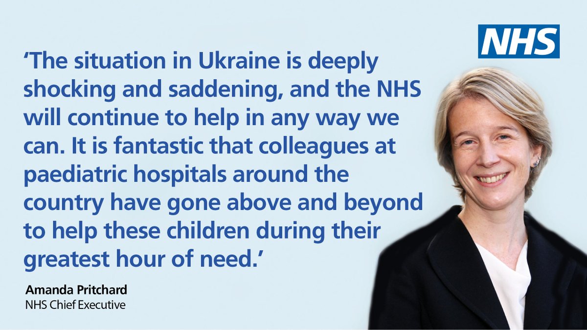 NHSEngland's tweet image. More than 20 Ukrainian children will receive lifesaving cancer treatment in the NHS in England.

Children and their family members will be supported by NHS clinicians to understand their health needs before continuing their care in NHS hospitals. gov.uk/government/new…