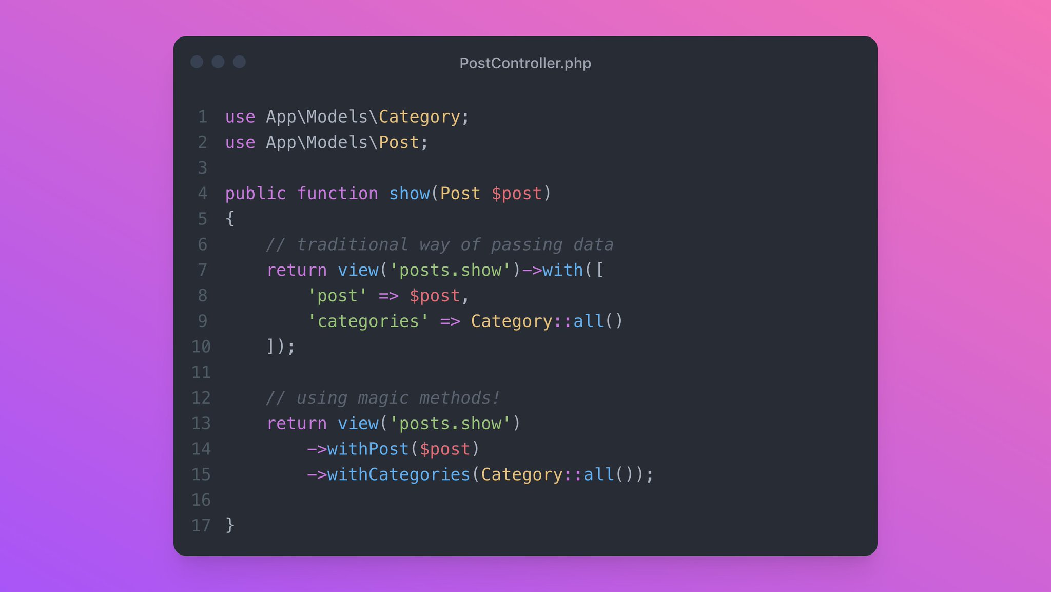 You can pass variables to Blade views using the `withFoo($bar)` syntax 
