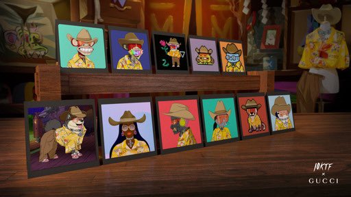 TheSandboxGame's tweet photo. Introducing GucciGrail, where @gucci ‘s Alessandro Michele meets the famed digital artisan Wagmi-san of @10KTFshop. 

To discover more about this collection, visit https://t.co/HVf3V5gIxV and get your very own NFT profile picture with Gucci drip.” https://t.co/AweuzFypoi