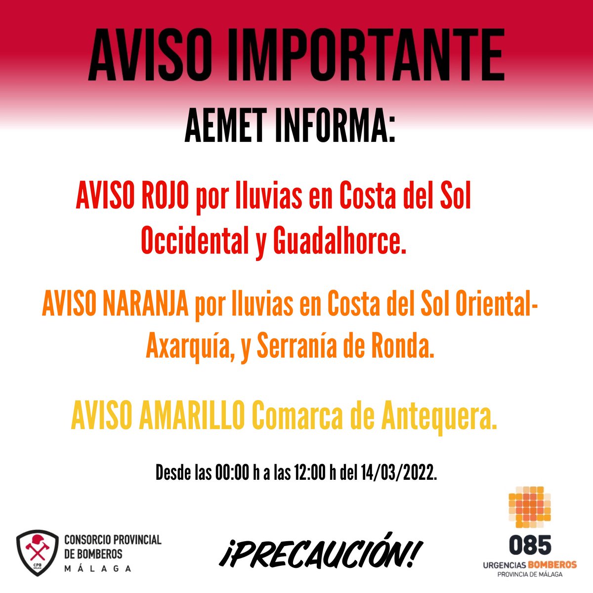 ⚠️ AVISO IMPORTANTE ⚠️ Os rogamos que extreméis al máximo las precauciones por las lluvias que se esperan. Ante cualquier incidente, recordad que estamos a vuestra disposición en los teléfonos 112 o 085.
#CPBMálaga #Aviso #alertameteorológica  #Bomberos #EstamosPreparados #AEMET