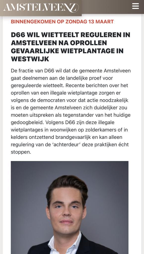 D66 wil wietteelt reguleren in Amstelveen na oprollen gevaarlijke illegale wietplantage in Westwijk.
amstelveenz.nl/nieuws/politie… (3e artikel). <a href="/HarmenvanderS/">Harmen vd Steenhoven</a>