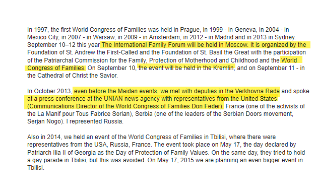 18/ A Russian organizer contradicted WCF's story, telling Russian state media the event was planned “with the participation of…the World Congress of Families.”  https://web.archive.org/web/20201028140639/https://www.ng.ru/facts/2014-07-16/1_international.html