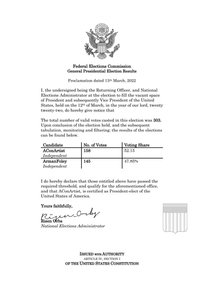 Jon News stands at thee ONLY source to accurately project the election. Congratulations to <a href="/aConArtist1/">aConArtist</a>.