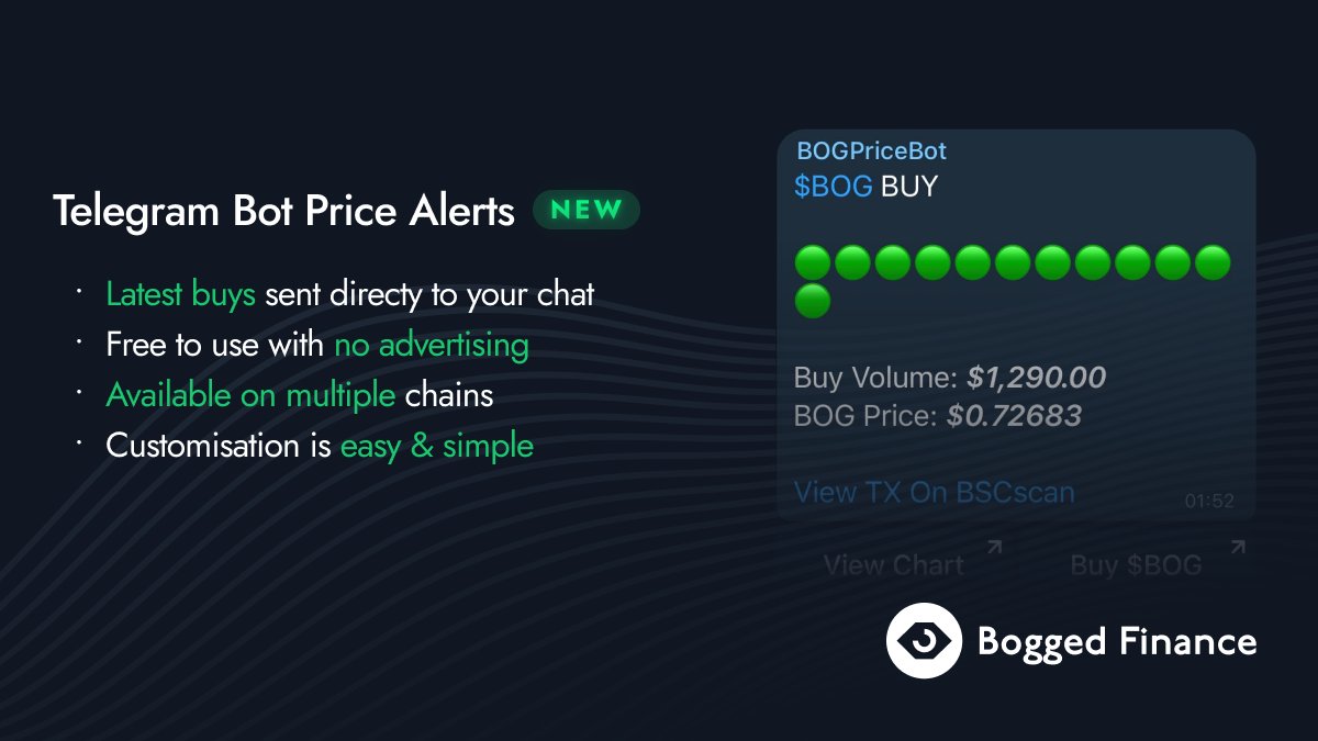 🤖 New Feature for BogPriceBot 

🟢 Buy alerts available for all #BNB, #AVAX, #FTM &amp; #Polygon tokens. Our service is FREE, fully customisable &amp; easy to set up. We promise to never have adverts on this bot. Your community is priority. Want to get started?

tgbot.bogged.finance