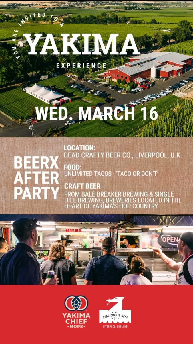 This Wednesday we'll be hosting <a href="/YakimaChief/">Yakima Chief Hops</a> <a href="/SIBA_BeerX/">SIBA BeerX</a> after party.
Beers pouring from Yakima breweries <a href="/BaleBreaker/">Bale Breaker Brewing</a> &amp; <a href="/SingleHillBeer/">SingleHillBrewing</a> located in the heart of hop country. 
Taco Or Don't will be serving free unlimited tacos and the Yakima team will be on hand to chat.