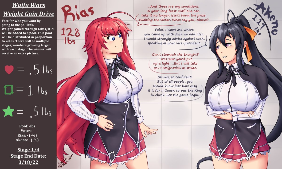 Plush_Hijinks's tweet photo. It's time for the Waifu Wars! It's Rias vs Akeno from Highschool DxD. I wonder if being a demon means greater gluttony?

Here is the poll to vote:
https://t.co/o1GX9qZ1Jq https://t.co/g1mPFu7lzJ