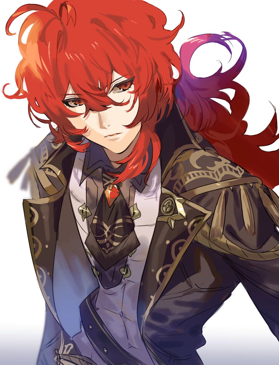 diluc (genshin impact) 1boy male focus red hair long hair red eyes solo bangs  illustration images