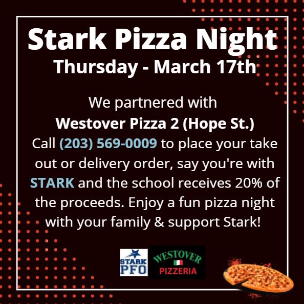 StarkPFO's tweet photo. Get ready for…
STARK PIZZA NIGHT! 🍕 ⭐️ 

Thirs 3/17, Stark PFO + #WestoverPizza II (Hope Street) for Stark Pizza Night: Call 203-569-0009 &amp; place your takeout/delivery order, say you’re w/STARK &amp; the school will receive 20% of proceeds. 🙏 

🍕 ⭐️ 🍕 ⭐️ 🍕

Please share! https://t.co/q5kv6NsW7k
