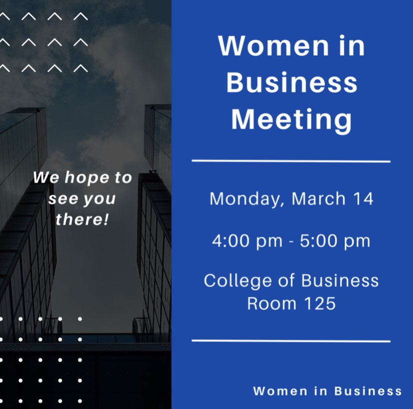 Join us tomorrow Monday March 14th for a WIB meeting! 4:00-5:00pm in CoB room 125!
We look forward to seeing you there!💙🦘