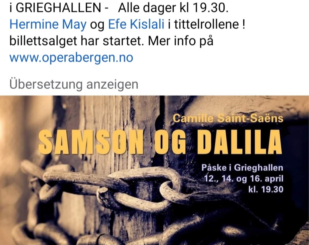 Demnächst mit viel Freude auf die Dalila mit Opera Bergen, Norwegen