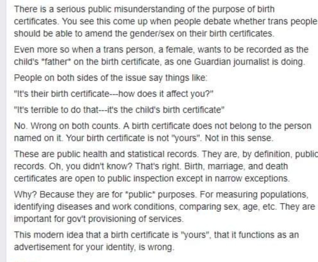 ⁦@MhairiBlack⁩ 

#BirthCertificates  do not belong to the individual to function as personal validation. 

They are public health and statistical records that record the sex of the children and are used as the basis for allocation of public spending.