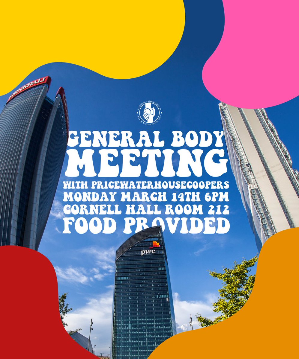 What’s good NABA family?! 🕺🏾

We are back for a general body meeting TOMORROW with PwC! Join us as PwC presents on their company and possible employment/internship opportunities. Food will also be provided! We can’t wait to see you there!
