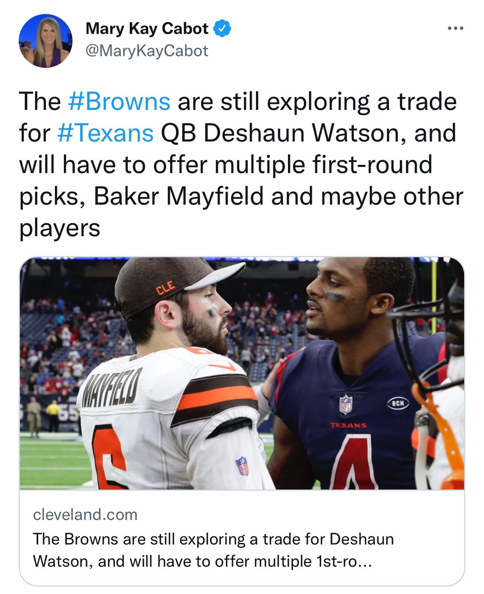 #Browns #Texans trade for Deshaun Watson is gaining steam. My sources say JJ Watt and DeAndre Hopkins are Mayfield fans and are pushing Texans management to make the trade.