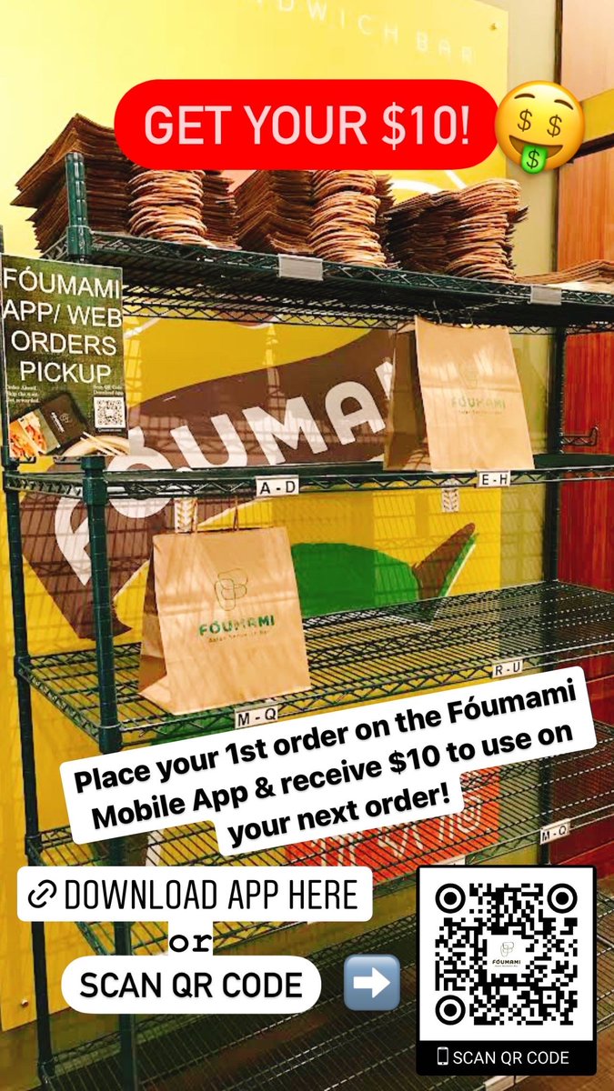 foumami's tweet photo. Get your $10! Place your first order on the #Foumami App and receive $10 to use on your next order! Plus earn loyalty points for every dollar you spend redeemable towards savings, offers &amp; rewards. Download the App at https://t.co/DcDotpVe1Z or scan the QR Code in the image. https://t.co/OUDBdhEE0J