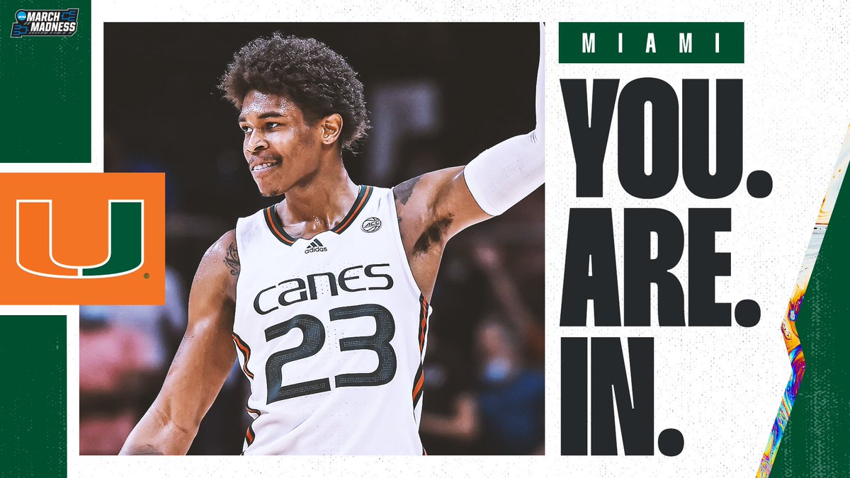 MarchMadnessMBB's tweet photo. Miami - YOU’RE IN! 🕺

Welcome to #MarchMadness, @CanesHoops! #SelectionSunday https://t.co/8yHSwiN7Nl