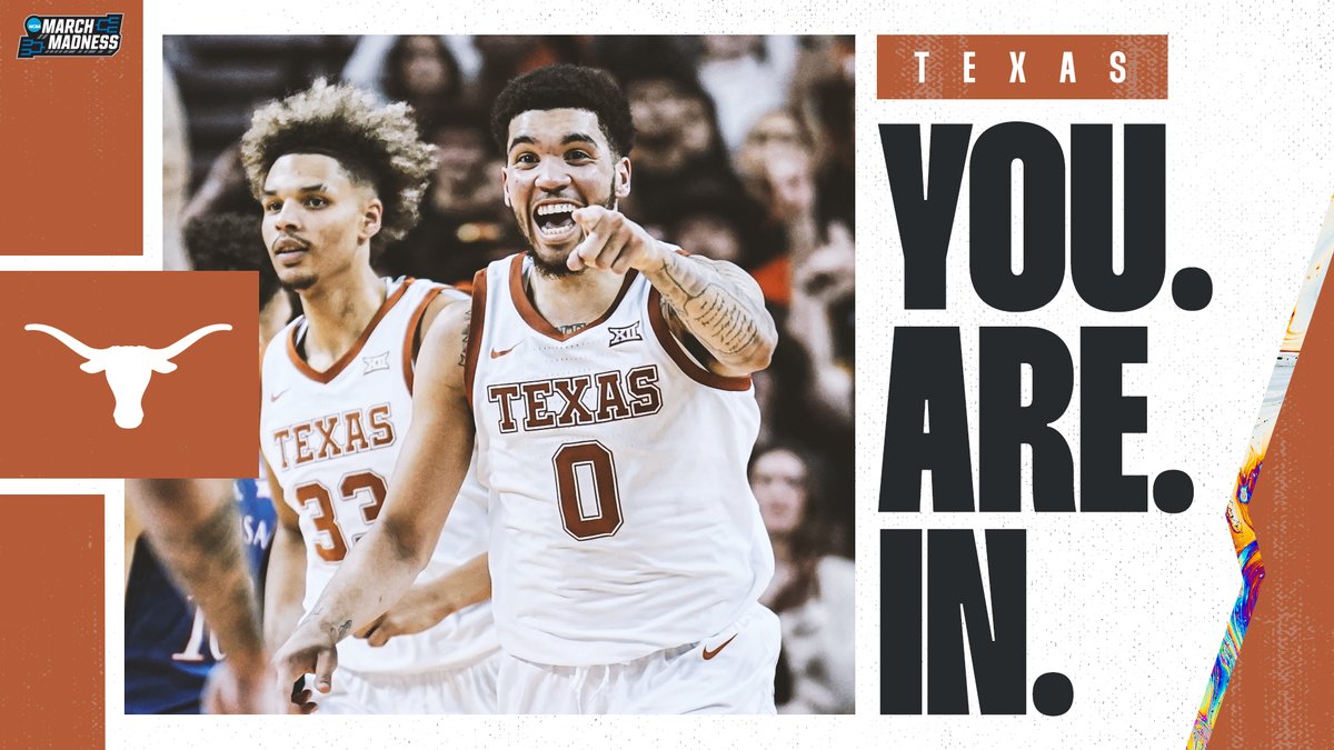 MarchMadnessMBB's tweet photo. Texas - YOU'RE IN! 🕺

Welcome to #MarchMadness, @TexasMBB! #SelectionSunday https://t.co/TcxWNz0QOF