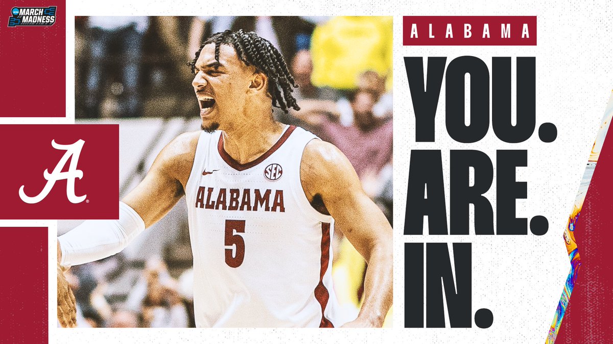 MarchMadnessMBB's tweet photo. Alabama - YOU'RE IN! 🕺

Welcome to #MarchMadness, @AlabamaMBB! #SelectionSunday https://t.co/xk0BMvah39