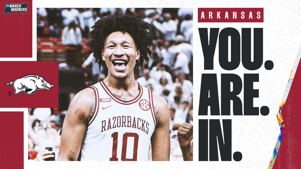 NCAA March Madness (@marchmadnessmbb) on Twitter photo Arkansas - YOU'RE IN! 🕺
Welcome to #MarchMadness, <a href="/RazorbackMBB/">Arkansas Razorbacks Men’s Basketball 🐗</a>! #SelectionSunday Arkansas - YOU'RE IN! 🕺
Welcome to #MarchMadness, <a href="/RazorbackMBB/">Arkansas Razorbacks Men’s Basketball 🐗</a>! #SelectionSunday