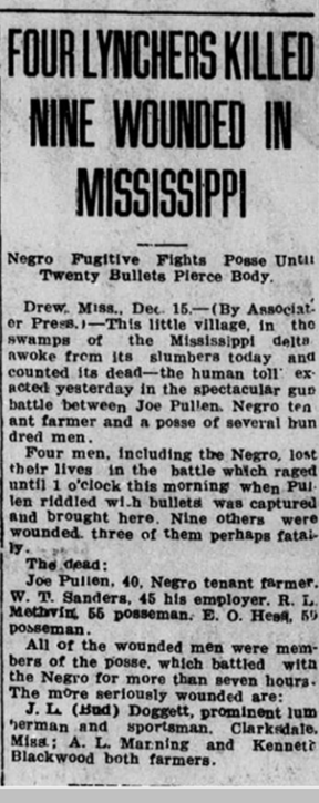 tariqnasheed's tweet photo. In 1923 a Foundational Black American man named Joe Pullen was about to be lynched in Drew Mississippi. Before they lynched him, he was able to kill and injure dozens of white supremacists.

White historians undercount the number of white supremacists who were killed by Pullen https://t.co/oEEIaBWl9h