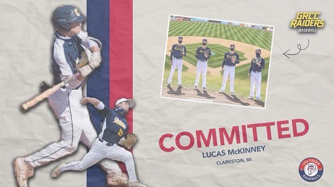 Lucas Mckinney (@mckinneylucas25) on Twitter photo I am extremely excited to announce that I will be continuing my athletic and academic career to play baseball at Grand Rapids Community College. GO RAIDERS🔵🟡 <a href="/USAPrimeMI2022/">USA Prime Michigan c/o 2022</a> <a href="/ClarkstonWolve2/">Clarkston Wolves Baseball</a> I am extremely excited to announce that I will be continuing my athletic and academic career to play baseball at Grand Rapids Community College. GO RAIDERS🔵🟡 <a href="/USAPrimeMI2022/">USA Prime Michigan c/o 2022</a> <a href="/ClarkstonWolve2/">Clarkston Wolves Baseball</a>