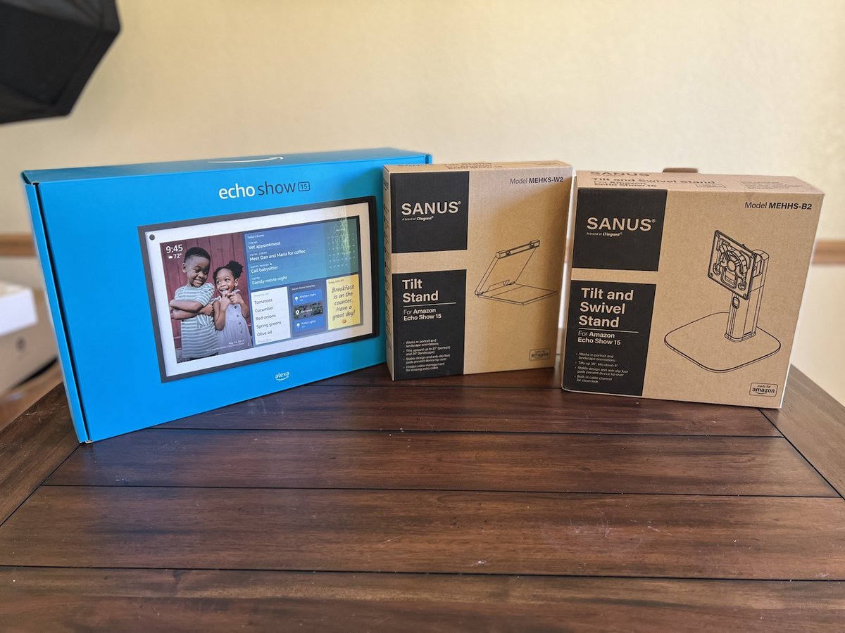 tvchick1313's tweet photo. If you aren't willing to wall mount, a stand is pretty much mandatory for the all new @Amazon #EchoShow15. Here's what to know + how to choose one of the @SanusSystems #MadeforAmazon stands: Sanus Tilt stand or Sanus Tilt & Swivel. https://t.co/hmTcItLTGZ https://t.co/Gao0n5Cvwl