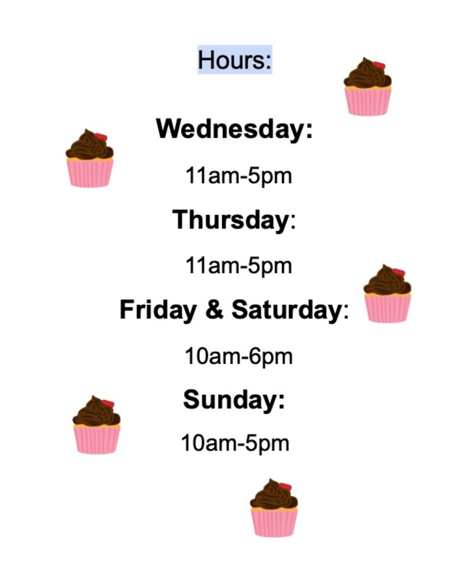 EatGreatness's tweet photo. The hours are the same just reposting as a friendly reminder🧁

BTW: The best place to find our most accurate hours is always either our social media or website! Same goes for short notice changes.

Websites like google &amp; yelp are much more difficult for us to regulate https://t.co/Lq69ak7OU3