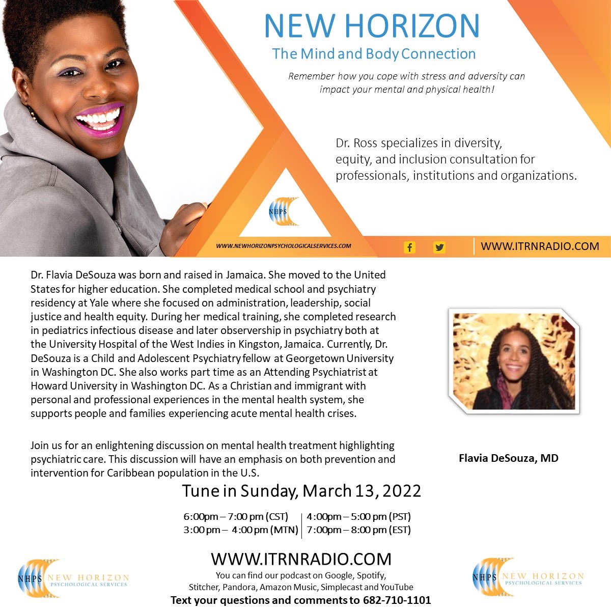 KeishaRossPhD's tweet photo. Excited to interview @DrFlaviaDeSouza  today as she discusses mental health from a psychiatric perspective. Join us live on @ItrnRadio 6pm CST/7pm EST. #MentalHealthMatters #Psychiatry #selfcare #Wellbeing https://t.co/Sx8MZFLKEE