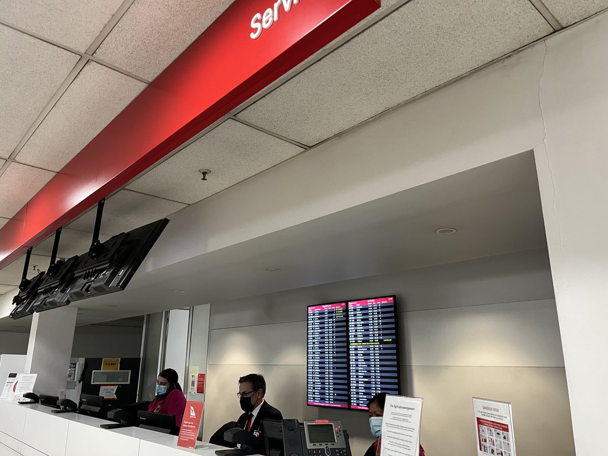 msjacksonlive's tweet photo. All these ⁦@Qantas⁩ people (plus two others out the back), but not one can help me change a⁩n Emerald FF booking at Melbourne airport. Instead, I’ve been on hold for the “priority call center” on a desk phone for 35 minutes and counting… 🤷‍♀️ https://t.co/6k6if6nQbD