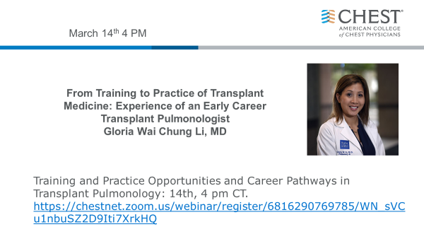 For folks interested in #lungtransplant as a #career tune into <a href="/GloriaWLiMD/">Gloria Li</a>'s talk tomorrow. #womeninmedicine  <a href="/BCM_ALD/">BCM Advanced Lung Diseases</a>