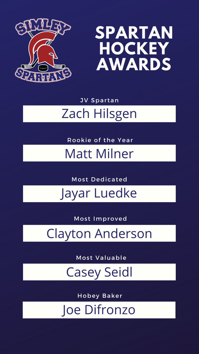SimleyPucks's tweet photo. Congratulations to the 2021-2022 Simley Hockey award recipients!  We're proud of your accomplishments this season!!  #GoSpartans #awards #highschoolhockey https://t.co/IKbxq0CBQu