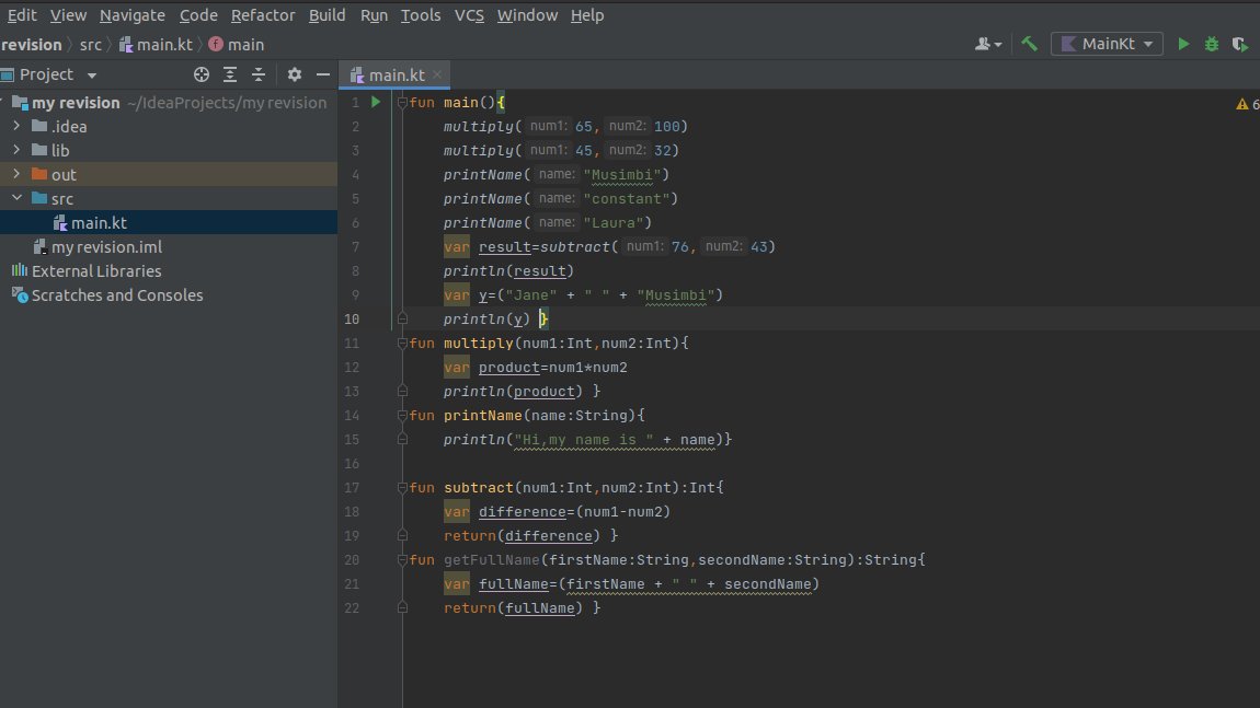 musimbi_jane's tweet image. Day6
#100DaysOfCode 
#codeHive2022
#kotlinFunctions
when using functions we are able  to reuse the functionality defined by a function instead of repeating ourselves throughout