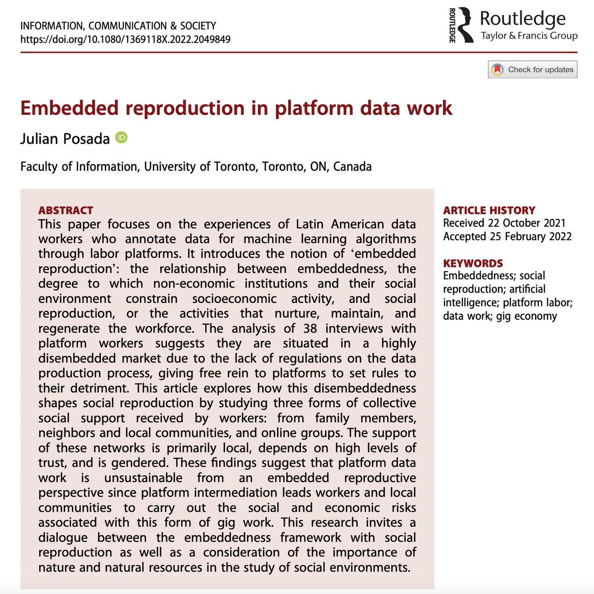 I’m beyond excited to share my first single-authored peer-reviewed paper and the first major publication from my doctoral research: “Embedded Reproduction in Platform Data Work,” now available in the new issue of Information, Communication & Society! Links below 👇