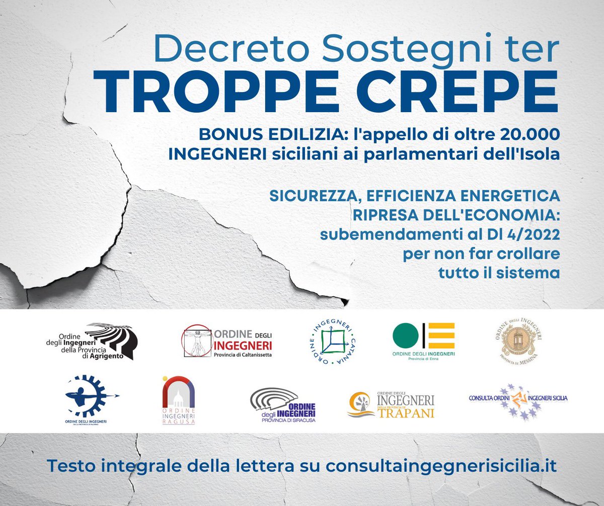 ingegnericl's tweet photo. #OrdIngCL
#DecretoSostegniTer

🙌🏻 Decreto Sostegni Ter: “Effetti devastanti sulla filiera delle costruzioni”
Appello di oltre 20.000 ingegneri siciliani a tutti i parlamentari dell’Isola 

Leggi la lettera ✔️
👉🏻 https://t.co/k8iiW42ioc https://t.co/qGtg228Bmm