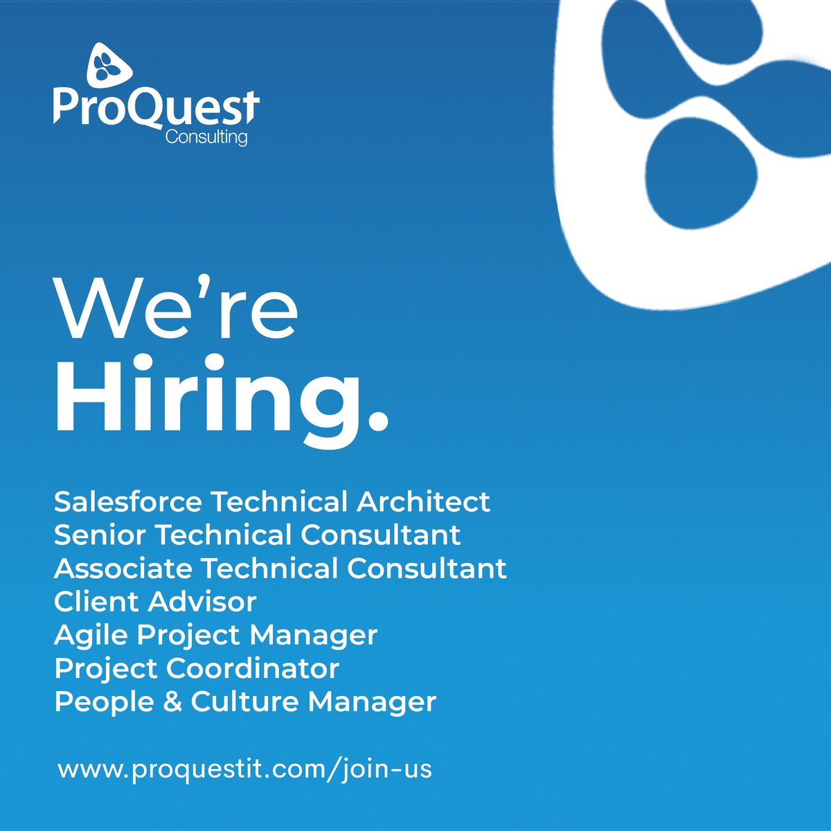 Happy Monday everyone!☀️Are you looking for a change? We’re hiring! 🙌 

We’ve got some amazing roles available at the moment, working on some mega exciting projects💪

If you would like to have a chat about any of the above roles reach or email us at info@proquestit.com  🚀