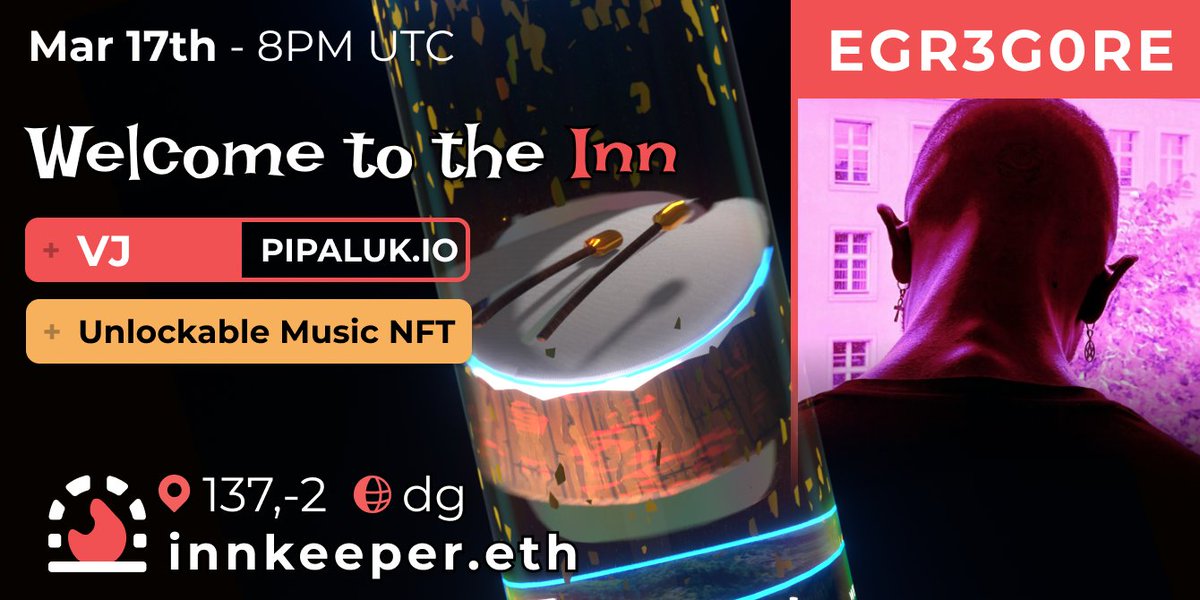 innkeeperdoteth's tweet photo. 👯NEW EVENT! March 17 // 8-9PM UTC

@DRPHI16 &amp; @EgoreEgr  are coming this Thurs to drop an audio/visual LOVE mix tape!

During the event, tweet @innkeeperdoteth @EgoreEgr  @pipalukdotio  with a selfie + eth address 🤳 for weekly melody!

https://t.co/53DfpsqzAv https://t.co/PDls7eMyCS