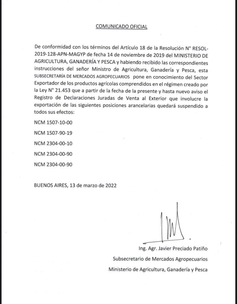 CunhaCristian's tweet photo. Luego de prometer que no tocaría las exportaciones, el gobierno cierra las ventas al exterior de la harina de soja y del aceite. La palabra del presidente no vale nada, y estas medidas nos hacen cada vez menos confiables en el mundo.👇 https://t.co/C69gLbVBk9