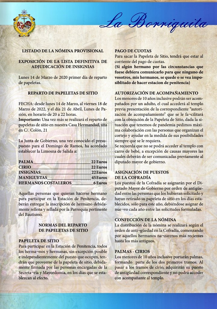 BorriquitaCoria's tweet photo. Recuerda:
REPARTO DE PAPELETAS DE SITIO
🗓 del lunes 14 al viernes 18 de marzo
⏰ de 20 a 22 horas
🏢 Casa Hermandad, calle Colón 21, Coria del Río #SaludyVictoria https://t.co/XDukubmtpV