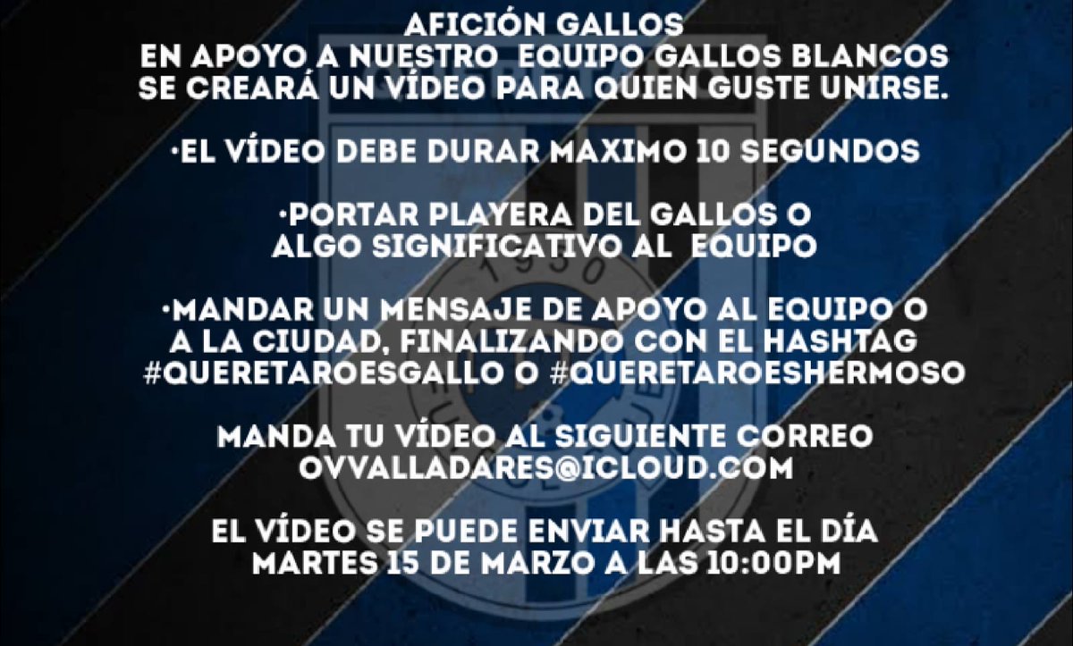 Buena tarde a toda la afición de #Gallos aquí dejamos la convocatoria para quien guste enviar un mensaje de apoyo al equipo o a nuestra ciudad 
#QuéretaroEsGallo #QuerétaroEsHermoso 
Vamos a apoyar a Gallos!