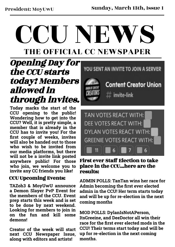 TheRealCCU's tweet photo. CCU Newspaper Issue 1. Congrats @TanTanLikesTea @DylanIsNoPerson @DeeDoctorr @itsgreeine on your elections! https://t.co/nc2eJdX2mc
