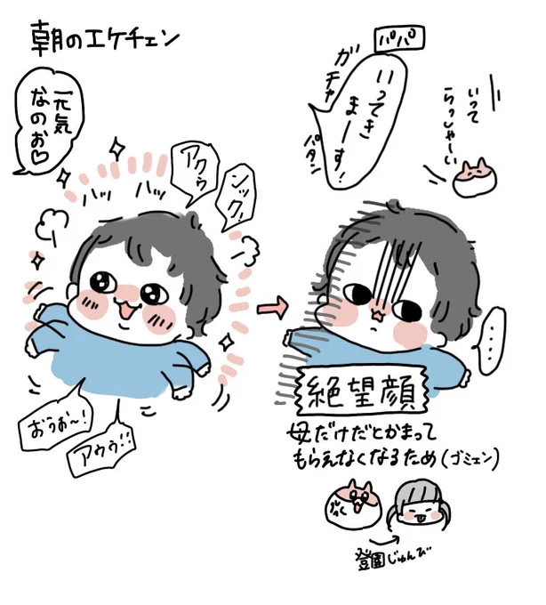 生後3ヶ月エケチェン、朝パパが出発するとわかりやすく絶望顔するのかわいそ可愛い
#育児絵日記 